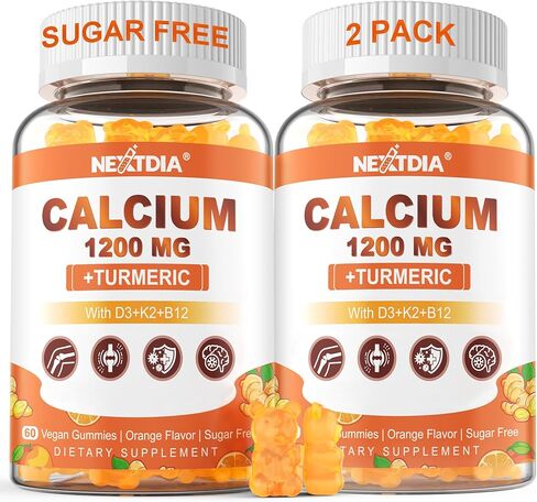 Calcium Gummies with Turmeric for Women & Men - Calcium 1200mg with Vitamin D3 K2 B12 5000 IU & Zinc, Suger-Free Calcium Supplement for Bone, Joint Strength & Immune Support - Vegan(120 Count) in Kuwait