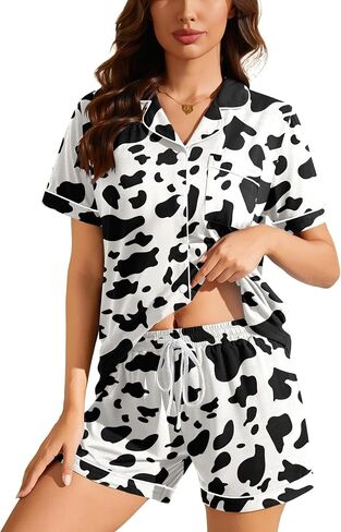 SWOMOG Womens Pajama Set Short Sleeve 2 Piece Soft Sleepwear Y2K PJ Lounge Button Down Cute Printed Comfy Loungewear in Saudi Arabia