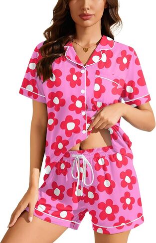 SWOMOG Womens Pajama Set Short Sleeve 2 Piece Soft Sleepwear Y2K PJ Lounge Button Down Cute Printed Comfy Loungewear in Saudi Arabia