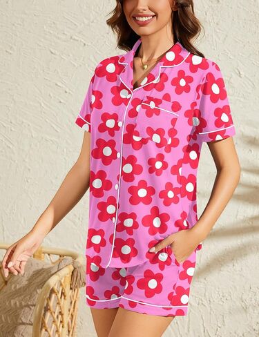 SWOMOG Womens Pajama Set Short Sleeve 2 Piece Soft Sleepwear Y2K PJ Lounge Button Down Cute Printed Comfy Loungewear in Saudi Arabia