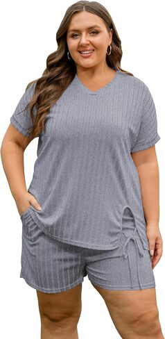 Vozanet Womens Ribbed Knit Lounge Set Sexy Pajamas T-shirt with Shorts Sleepwear Sweatsuit Plus Size Outfits Tracksuit in Kuwait