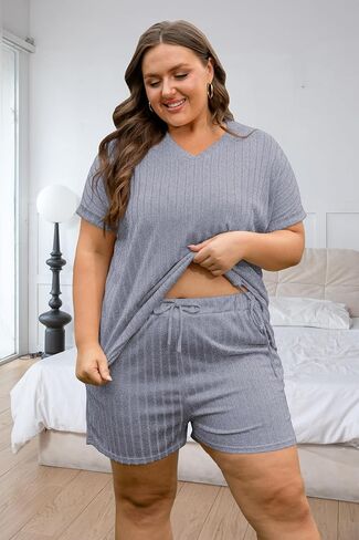 Vozanet Womens Ribbed Knit Lounge Set Sexy Pajamas T-shirt with Shorts Sleepwear Sweatsuit Plus Size Outfits Tracksuit in Kuwait