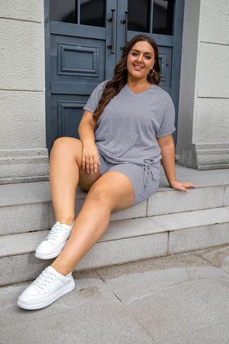 Vozanet Womens Ribbed Knit Lounge Set Sexy Pajamas T-shirt with Shorts Sleepwear Sweatsuit Plus Size Outfits Tracksuit in Kuwait