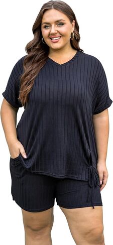 Vozanet Womens Ribbed Knit Lounge Set Sexy Pajamas T-shirt with Shorts Sleepwear Sweatsuit Plus Size Outfits Tracksuit in Kuwait