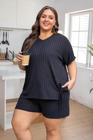 Vozanet Womens Ribbed Knit Lounge Set Sexy Pajamas T-shirt with Shorts Sleepwear Sweatsuit Plus Size Outfits Tracksuit in Kuwait