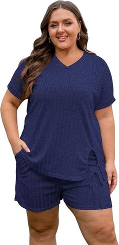 Vozanet Womens Ribbed Knit Lounge Set Sexy Pajamas T-shirt with Shorts Sleepwear Sweatsuit Plus Size Outfits Tracksuit in Kuwait