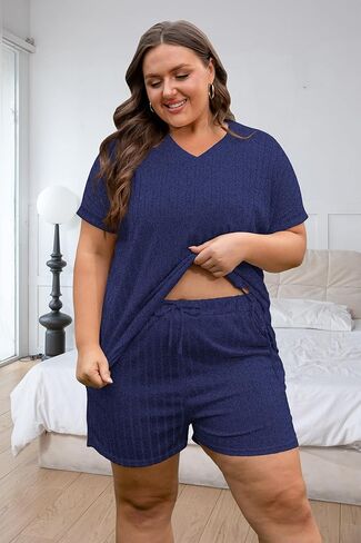 Vozanet Womens Ribbed Knit Lounge Set Sexy Pajamas T-shirt with Shorts Sleepwear Sweatsuit Plus Size Outfits Tracksuit in Kuwait