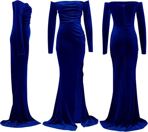Vakkest Women Off The Shoulder Formal Dresses Long Sleeve Evening Party Velvet Maxi Dress High Split Cocktail Gowns in Kuwait