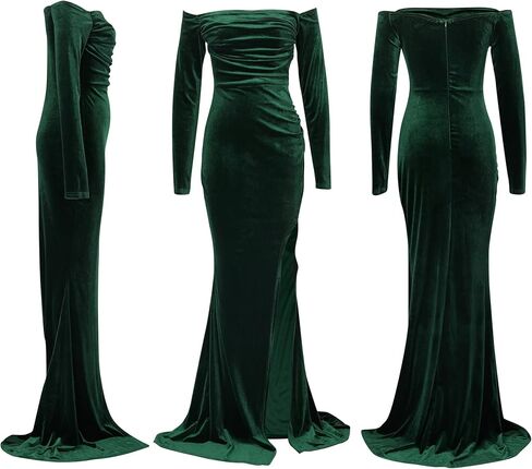 Vakkest Women Off The Shoulder Formal Dresses Long Sleeve Evening Party Velvet Maxi Dress High Split Cocktail Gowns in Kuwait