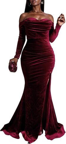 Vakkest Women Off The Shoulder Formal Dresses Long Sleeve Evening Party Velvet Maxi Dress High Split Cocktail Gowns in Kuwait