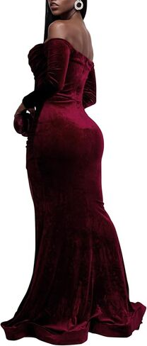 Vakkest Women Off The Shoulder Formal Dresses Long Sleeve Evening Party Velvet Maxi Dress High Split Cocktail Gowns in Kuwait