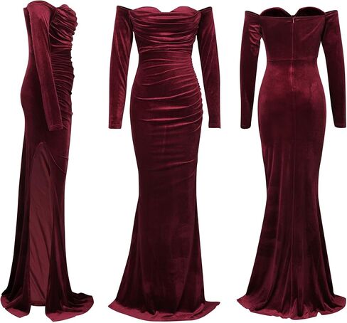 Vakkest Women Off The Shoulder Formal Dresses Long Sleeve Evening Party Velvet Maxi Dress High Split Cocktail Gowns in Kuwait
