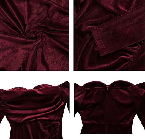 Vakkest Women Off The Shoulder Formal Dresses Long Sleeve Evening Party Velvet Maxi Dress High Split Cocktail Gowns in Kuwait