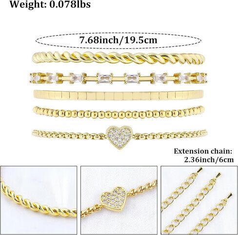 الأساور الذهبية التي تم تعيينها للنساء 14K مطلي بالذهب مطلي بتكديس ملتوية أساور السلسلة رولو الطبقات الماس الزركوني المكعب سحر سلسلة الكوبية الكوبيات حبات الذهب تمتد الأساور in Kuwait