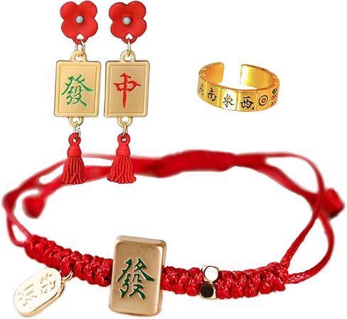 Mahjong Gifts Accessories A Set Of LUCKY Woven Gambling Cotton Chinese Bracelet Mah jongg Drop Earrings Ring Adjustable Unisex For Women Men in Kuwait