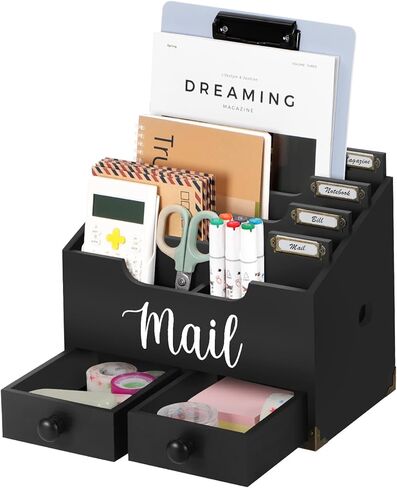RELBRO Mail Organizer Countertop, White Wood Desk Organizer with 2 Drawers 4 Compartments Office File Organizer Mail Letter Bill Paper Document Sorter for Home Study Desk Accessories in Saudi Arabia