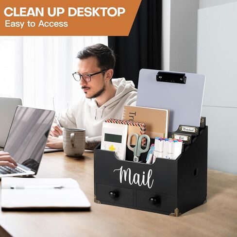 RELBRO Mail Organizer Countertop, White Wood Desk Organizer with 2 Drawers 4 Compartments Office File Organizer Mail Letter Bill Paper Document Sorter for Home Study Desk Accessories in Saudi Arabia