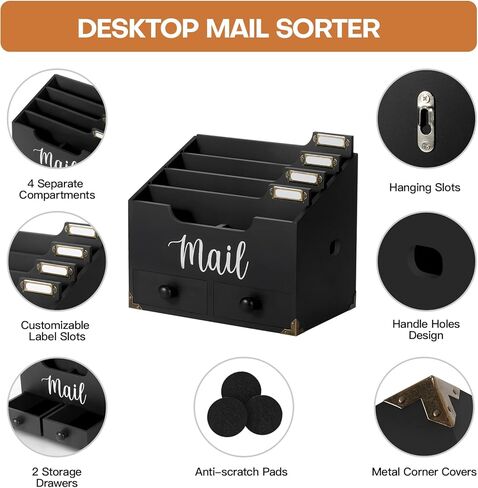 RELBRO Mail Organizer Countertop, White Wood Desk Organizer with 2 Drawers 4 Compartments Office File Organizer Mail Letter Bill Paper Document Sorter for Home Study Desk Accessories in Saudi Arabia