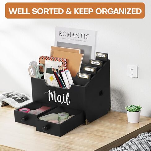 RELBRO Mail Organizer Countertop, White Wood Desk Organizer with 2 Drawers 4 Compartments Office File Organizer Mail Letter Bill Paper Document Sorter for Home Study Desk Accessories in Saudi Arabia