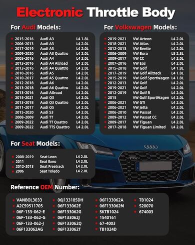 جسم الخانق الإلكتروني متوافق مع 2005-2020 Audi A3 A4 A5 A6 Q3 Q5 S3 TTS Quattro Allroad Volkswagen VW Tiguan Beetle CC EOS GOLF GTI Jetta Passat SEAT L4 1.8L 2.0L L4 in Saudi Arabia