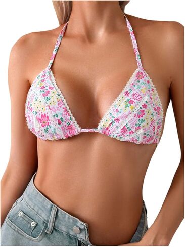 MakeMeChic Women's Floral Print Bikini Top Halter Tie Back Triangle Ruched Swimsuit Tops in Saudi Arabia