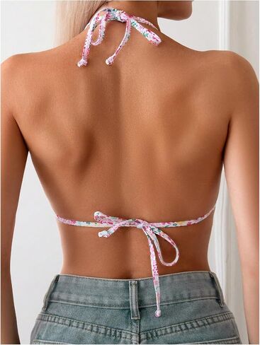 MakeMeChic Women's Floral Print Bikini Top Halter Tie Back Triangle Ruched Swimsuit Tops in Saudi Arabia