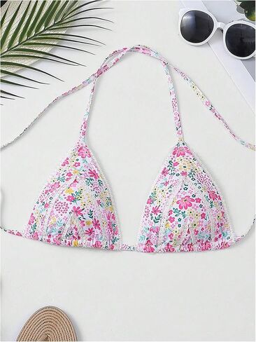 MakeMeChic Women's Floral Print Bikini Top Halter Tie Back Triangle Ruched Swimsuit Tops in Saudi Arabia