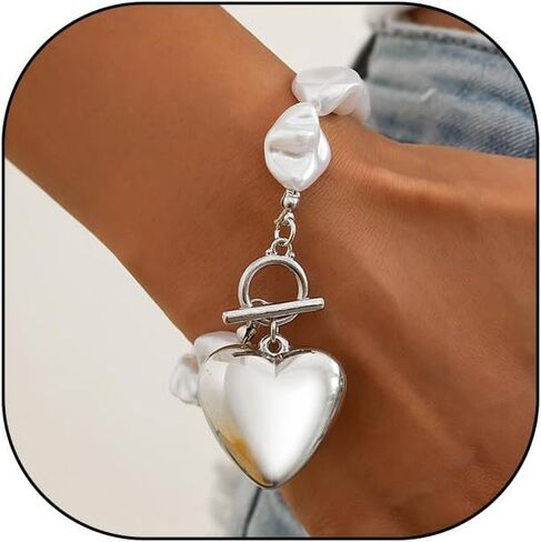 Chunky Gold Heart Bracelets for Women Large Pearl Heart Chain Bracelet Geometric Baroque Pearl Love Toggle Clasp Bracelet Trendy Birthday Jewelry Gift in Kuwait