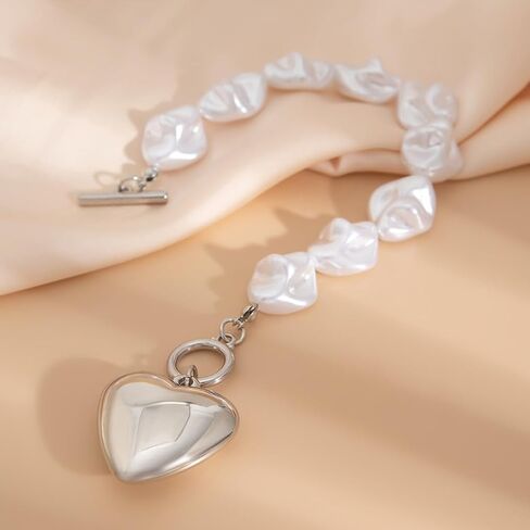 Chunky Gold Heart Bracelets for Women Large Pearl Heart Chain Bracelet Geometric Baroque Pearl Love Toggle Clasp Bracelet Trendy Birthday Jewelry Gift in Kuwait