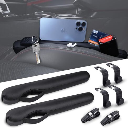 Leather Car Seat Gap Filler 2 Pack, Car Gap Filler Organizer Between Seat and Console Stop Things from Dropping, 4 Seat Hooks,2 Glasses Holders, Universal Gap Filler for Cars, SUV & Truck (Black) in Saudi Arabia