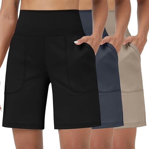 Coume 3 Pack Women's High Waisted 9 Inch Bermuda Shorts with Pocket Workout Athletic Long Shorts Knee Length Casual in Saudi Arabia