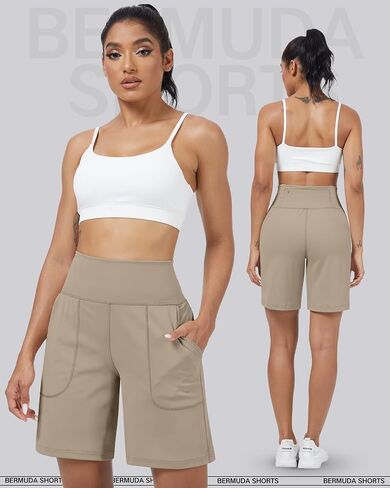 Coume 3 Pack Women's High Waisted 9 Inch Bermuda Shorts with Pocket Workout Athletic Long Shorts Knee Length Casual in Saudi Arabia