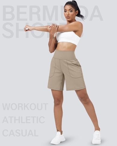 Coume 3 Pack Women's High Waisted 9 Inch Bermuda Shorts with Pocket Workout Athletic Long Shorts Knee Length Casual in Saudi Arabia