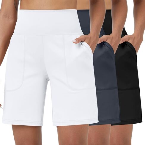 Coume 3 Pack Women's High Cherced 9 بوصة شورت برمودا مع تجريب الجيب الرياضي القصيرة الطويلة طول الركبة in Kuwait