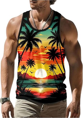 Men's Tropical Sleeveless Beach Tank Tops Crew Neck Muscle Vacation Cruise Shirt in Saudi Arabia