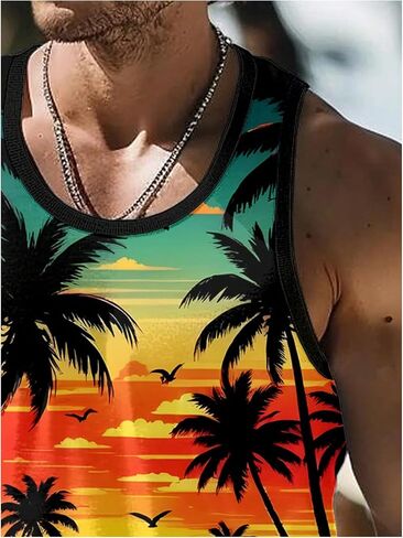 Men's Tropical Sleeveless Beach Tank Tops Crew Neck Muscle Vacation Cruise Shirt in Saudi Arabia
