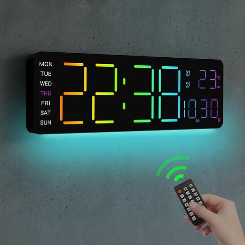 Jofomp LED Clock Digital Clock شاشة كبيرة مع التحكم عن بُعد RGB ، وساعات الحائط الرقمية الكبيرة 13 "لديكور غرفة المعيشة ، والإنذار الرقمي مع Temp/Timer/DST/Dimmer/Ambient Light - 12/24h in Kuwait