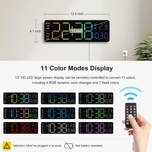 Jofomp LED Clock Digital Clock شاشة كبيرة مع التحكم عن بُعد RGB ، وساعات الحائط الرقمية الكبيرة 13 "لديكور غرفة المعيشة ، والإنذار الرقمي مع Temp/Timer/DST/Dimmer/Ambient Light - 12/24h in Kuwait