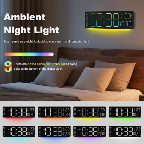 Jofomp LED Clock Digital Clock شاشة كبيرة مع التحكم عن بُعد RGB ، وساعات الحائط الرقمية الكبيرة 13 "لديكور غرفة المعيشة ، والإنذار الرقمي مع Temp/Timer/DST/Dimmer/Ambient Light - 12/24h in Kuwait