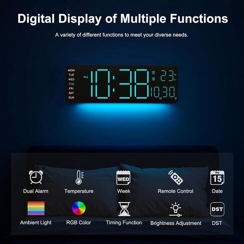 Jofomp LED Clock Digital Clock شاشة كبيرة مع التحكم عن بُعد RGB ، وساعات الحائط الرقمية الكبيرة 13 "لديكور غرفة المعيشة ، والإنذار الرقمي مع Temp/Timer/DST/Dimmer/Ambient Light - 12/24h in Kuwait