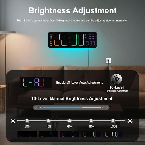 Jofomp LED Clock Digital Clock شاشة كبيرة مع التحكم عن بُعد RGB ، وساعات الحائط الرقمية الكبيرة 13 "لديكور غرفة المعيشة ، والإنذار الرقمي مع Temp/Timer/DST/Dimmer/Ambient Light - 12/24h in Kuwait