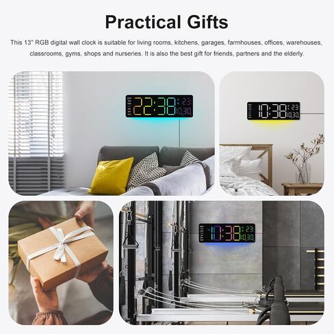 Jofomp LED Clock Digital Clock شاشة كبيرة مع التحكم عن بُعد RGB ، وساعات الحائط الرقمية الكبيرة 13 "لديكور غرفة المعيشة ، والإنذار الرقمي مع Temp/Timer/DST/Dimmer/Ambient Light - 12/24h in Kuwait