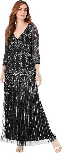 Roaman's Women's Plus Size Beaded V-Neck 3/4 Sleeve Sleeve Maxi Gown in Kuwait
