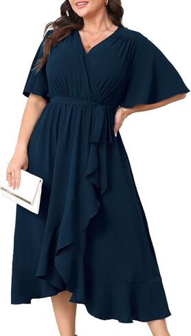Plus Size Formal Wedding Guest Cocktail Dresses for Curvy Women Maxi Dress Wrap V Neck Short Sleeve in Kuwait