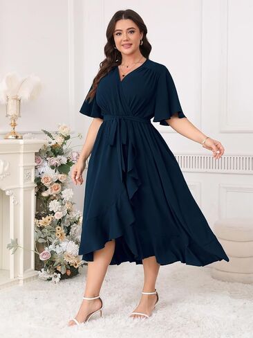 Plus Size Formal Wedding Guest Cocktail Dresses for Curvy Women Maxi Dress Wrap V Neck Short Sleeve in Kuwait