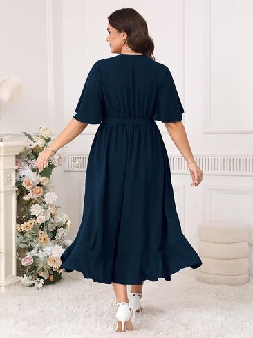 Plus Size Formal Wedding Guest Cocktail Dresses for Curvy Women Maxi Dress Wrap V Neck Short Sleeve in Kuwait