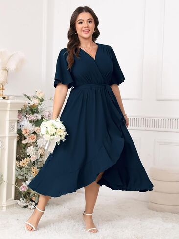 Plus Size Formal Wedding Guest Cocktail Dresses for Curvy Women Maxi Dress Wrap V Neck Short Sleeve in Kuwait