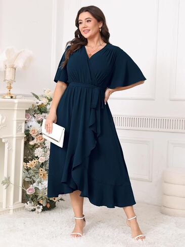 Plus Size Formal Wedding Guest Cocktail Dresses for Curvy Women Maxi Dress Wrap V Neck Short Sleeve in Kuwait