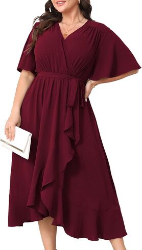 Plus Size Formal Wedding Guest Cocktail Dresses for Curvy Women Maxi Dress Wrap V Neck Short Sleeve in Kuwait