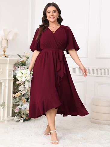 Plus Size Formal Wedding Guest Cocktail Dresses for Curvy Women Maxi Dress Wrap V Neck Short Sleeve in Kuwait